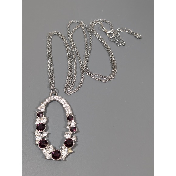 Purple Rhinestone Large Oval Pendant Long Chain Necklace Chic 38 in - Picture 3 of 9